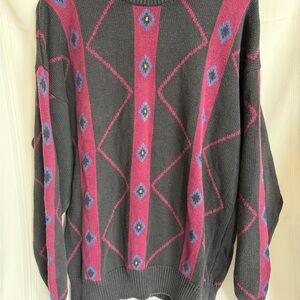 Vintage 1990s Claiborne Crewneck Sweater Geometric Pattern Mauve Black Size XL